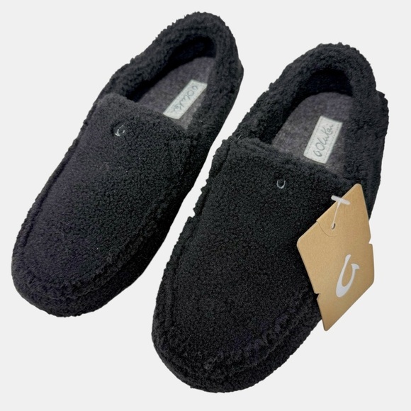 Olukai Slippers Women's 7 Nohea Heu Black Drop Back Slip On Fuzzy shoes NWT - Picture 3 of 6